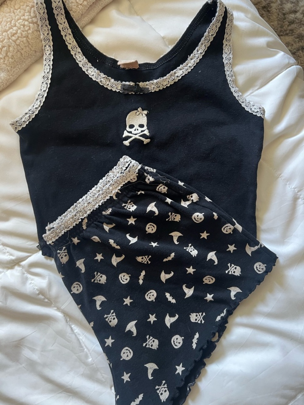 Messy Bun Just Chillin Women’s Black Lace-Trim Pajama Tank & Shorts Set